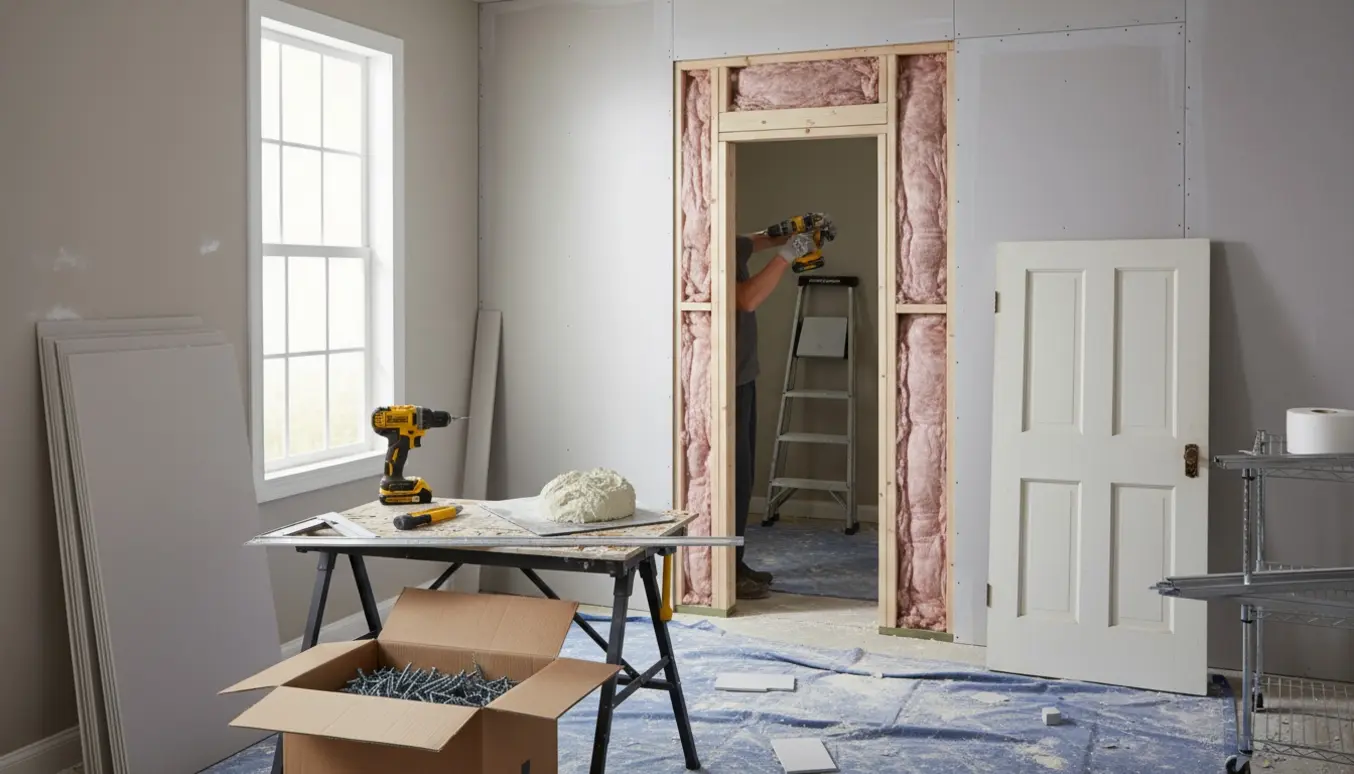 Opsætning af gipsvæg med isolering og værktøj ved en åbnet døråbning.