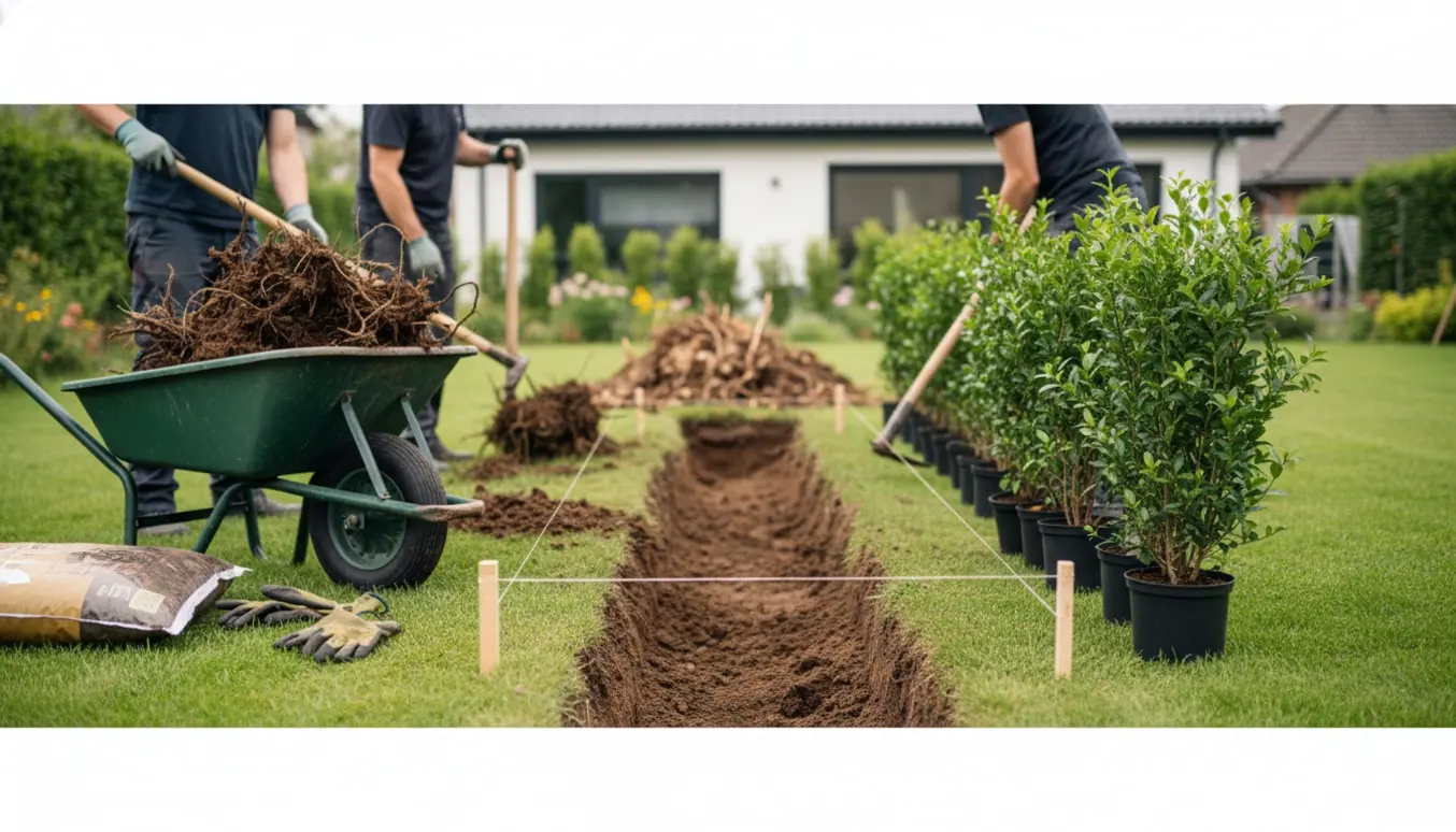 To personer planter nye ligusterplanter i en have, med gravede rødder, jordposer og en række planter klar til plantning.