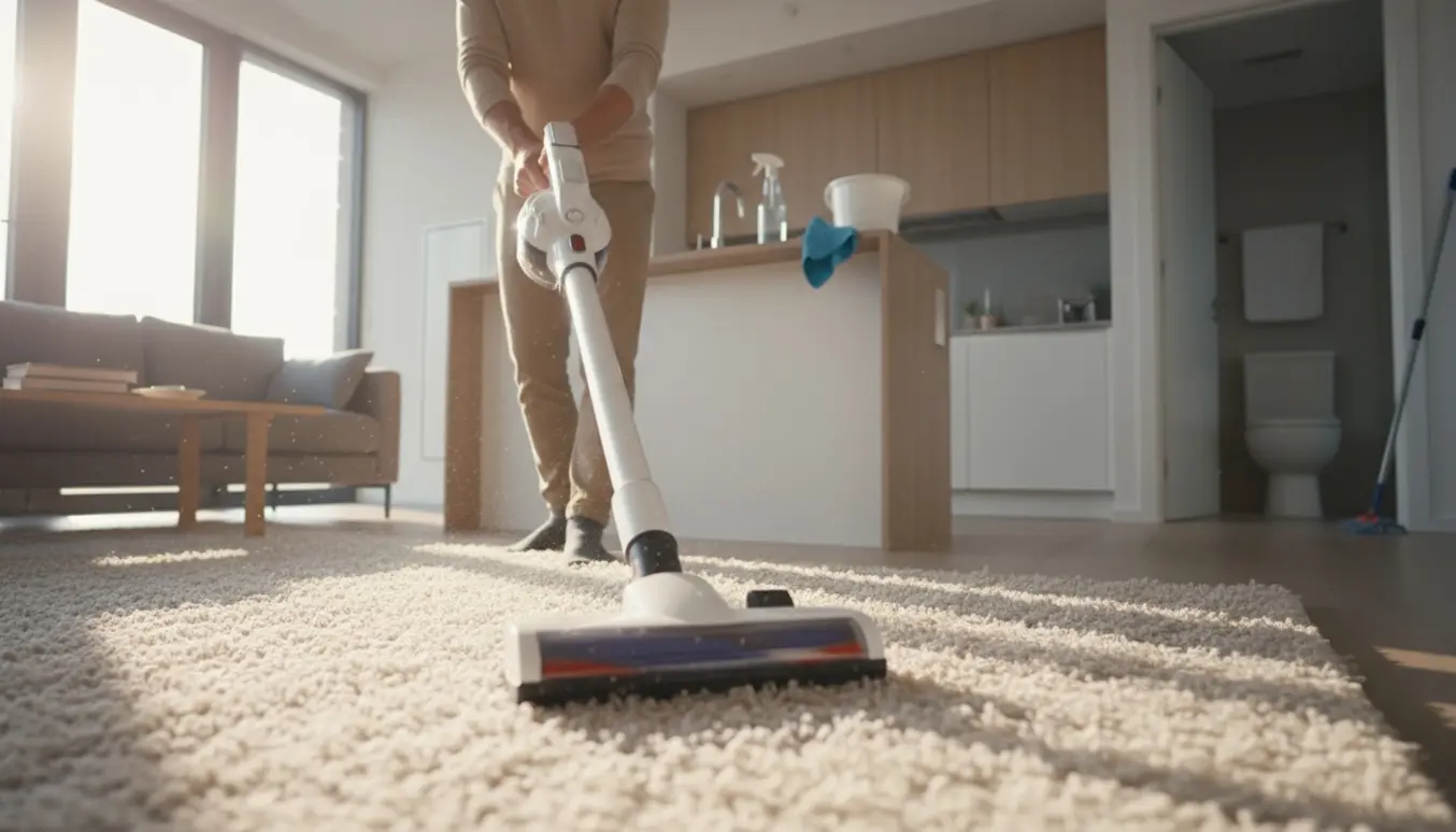 En åben lejlighed med en person, der støvsuger et tæppe, og rengøringsmidler i køkkenet samt et rent badeværelse i baggrunden.