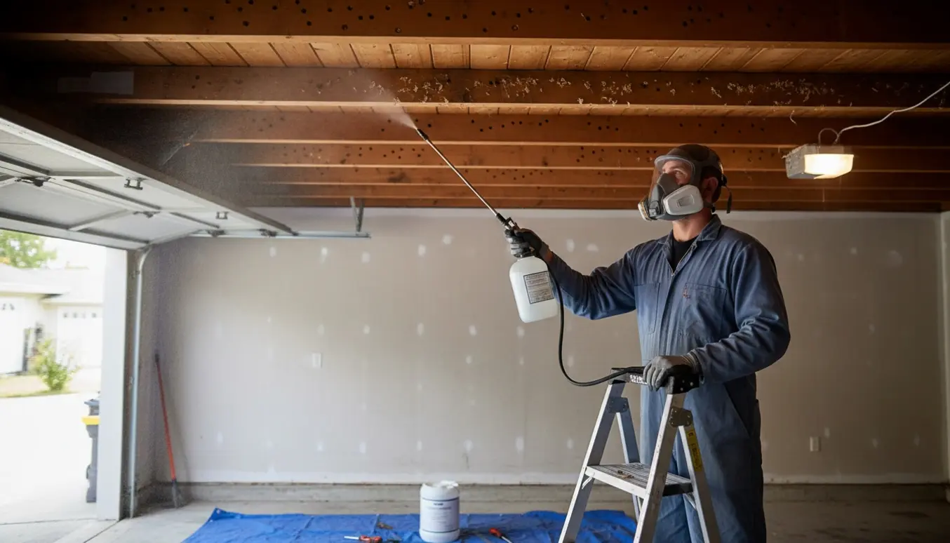 Hænder med handsker sprøjter insektmiddel mod borebilleangreb i et træloft i en garage.