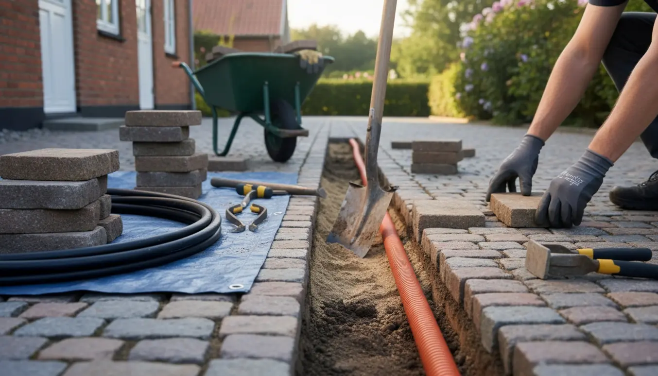 Smal rende i brostensbelægning med opstablede herregårdssten og kabel klar til nedlægning.