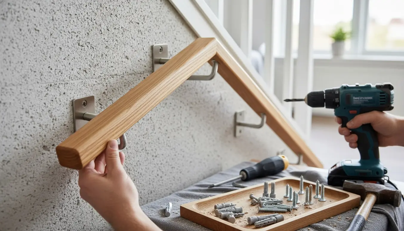 Nærbillede af montering af trappegelænder på porebetonvæg med bor, rawlplugs og skruer.