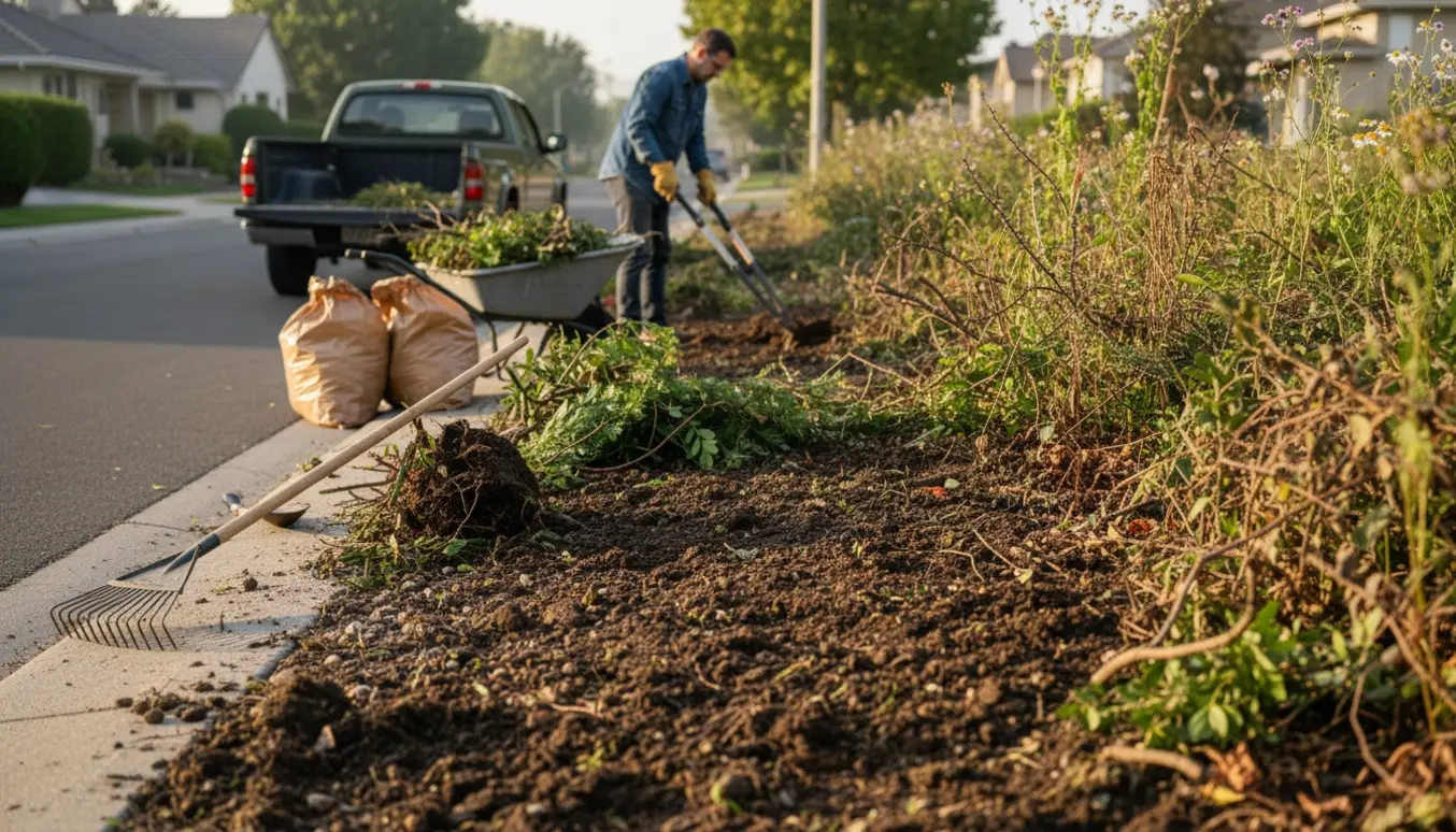 Rydning af et vejsidebed med trillebør, grensakse og en varebil til bortskaffelse.