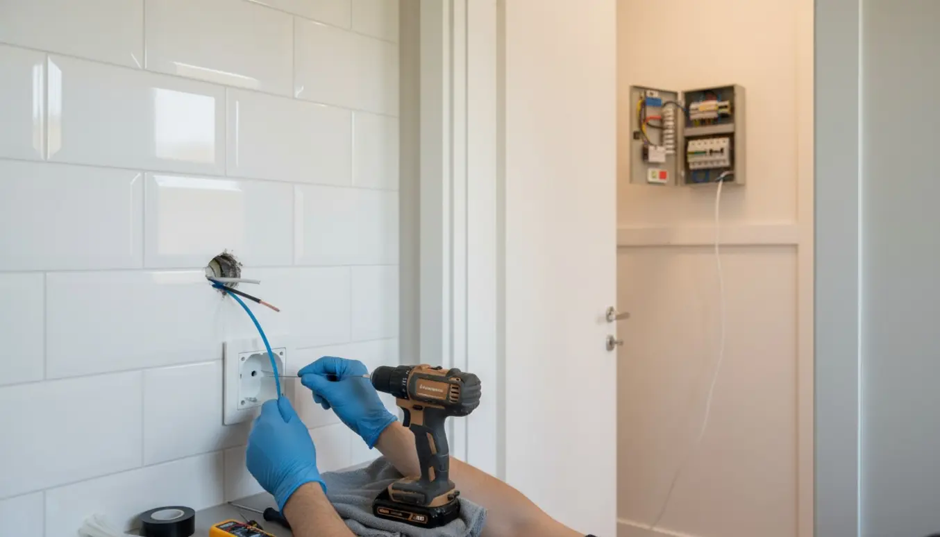 Hænder trækker elkabel gennem et lille hul i badeværelsesvæggen med åben eltavle i gangen i baggrunden.