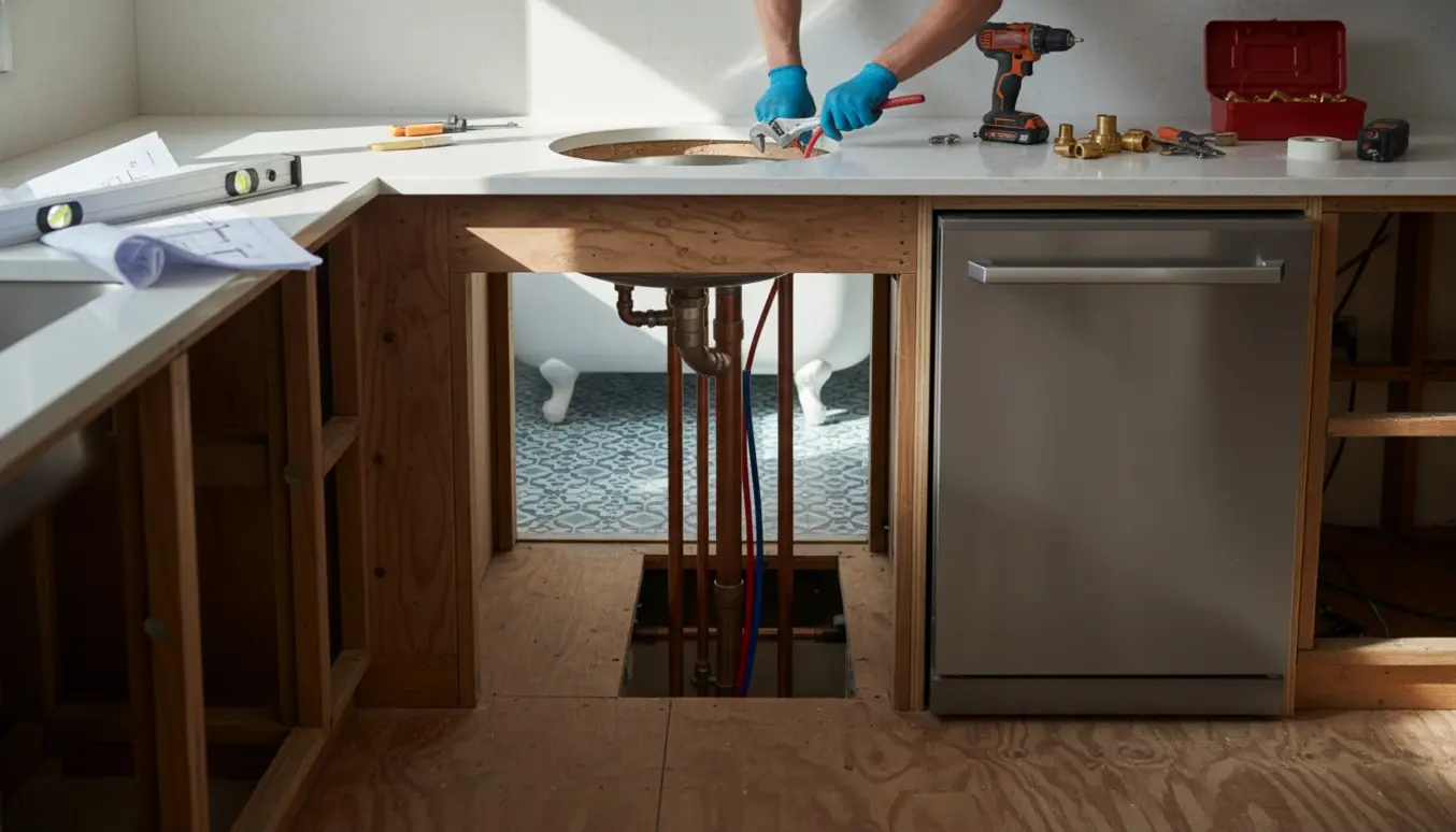 Køkken under renovering med åben gulvbrønd og nye rør, klar til at flytte vask og opvaskemaskine over badeværelset.