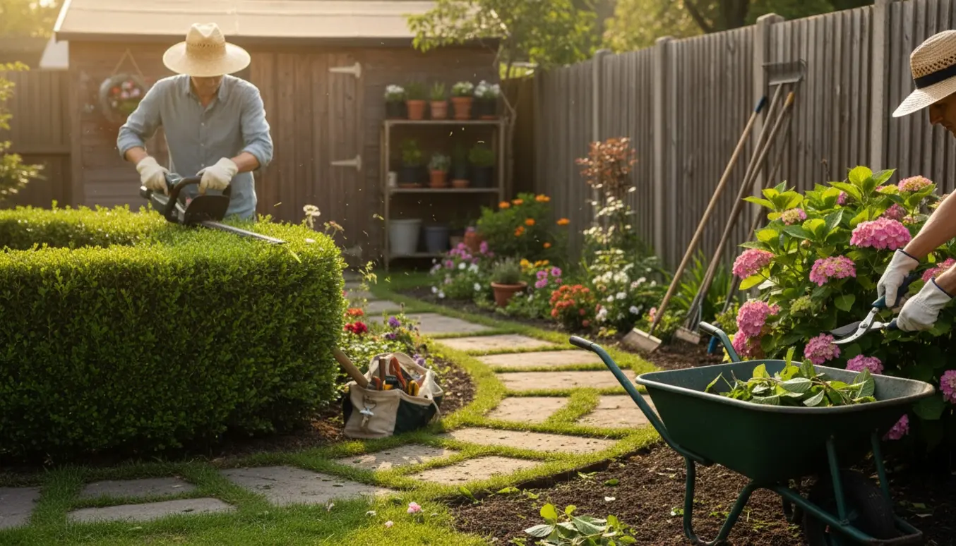 Havehjælper set bagfra klipper hæk og luger bed med værktøj og en trillebør i en solrig forstadshave.
