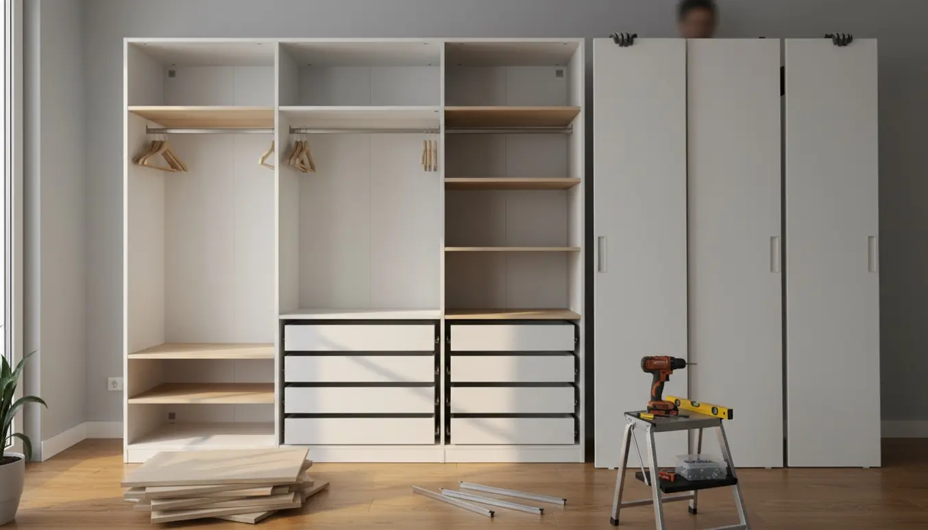 Installering af et stort modulskab med hylder, bøjlestænger, skuffer og fire skydedøre i et lyst rum.