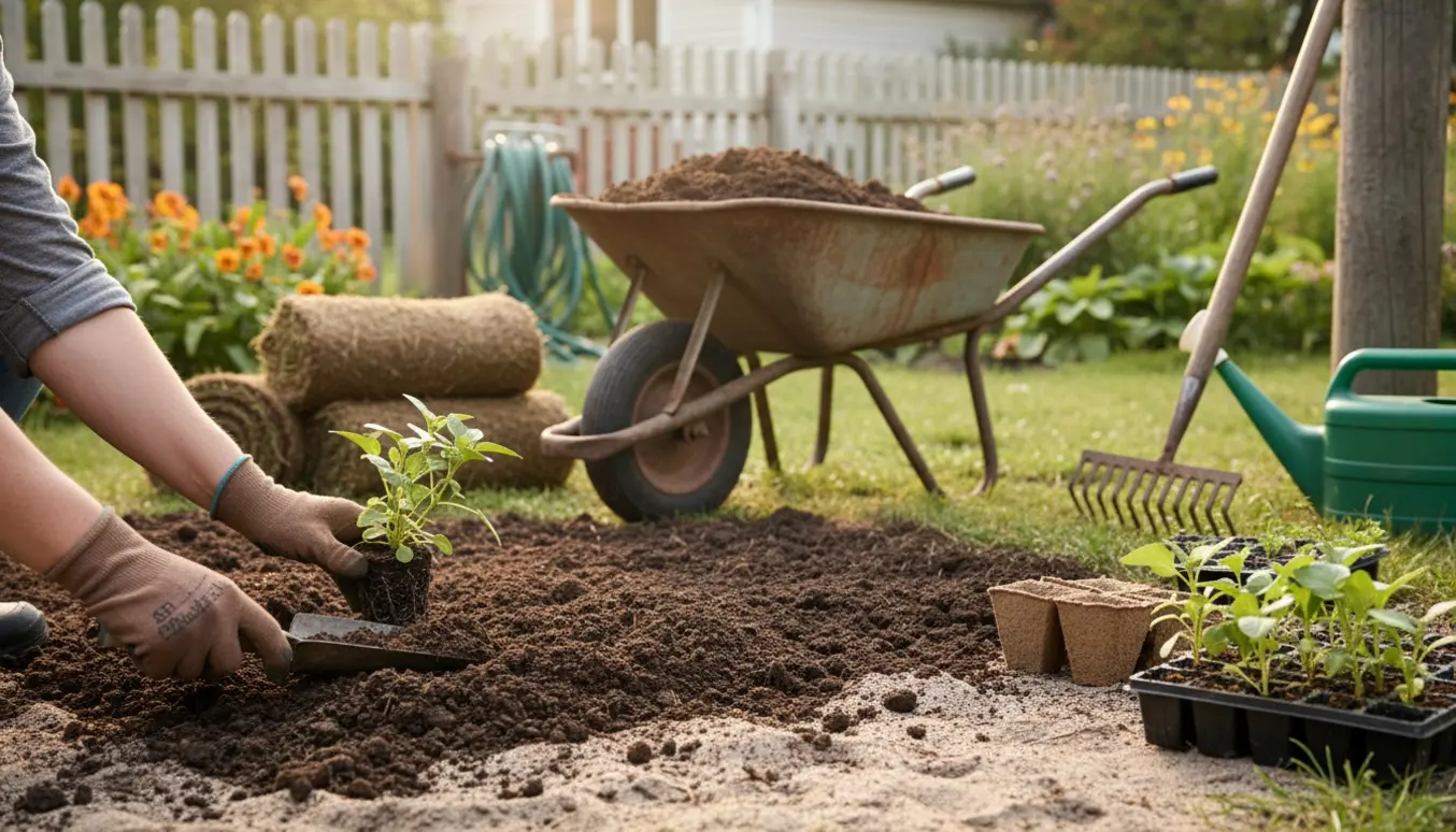 Oprettelse af et nyt staudebed med frisk muldjord, plantetrays og haveredskaber i en baghave.