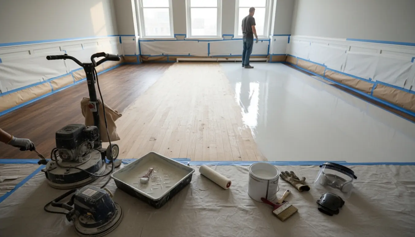 Lyst, tomt værelse med delvist slebet trægulv, værktøj og hvid lak klar til påføring.