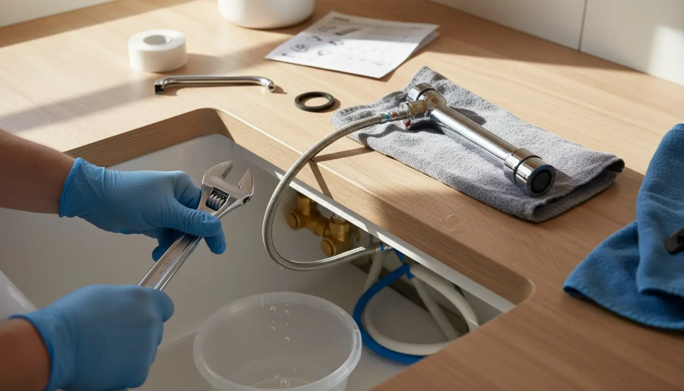 Hænder udskifter et køkkenarmatur ved en hvid vask med åbent underskab og værktøj omkring.