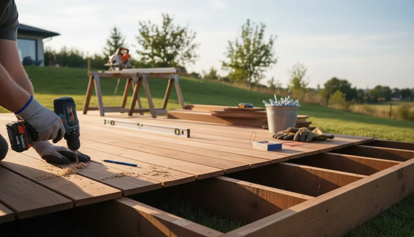 Ny træterrasse under opbygning på en skråning med planker, værktøj og hænder, der fastgør et bræt.