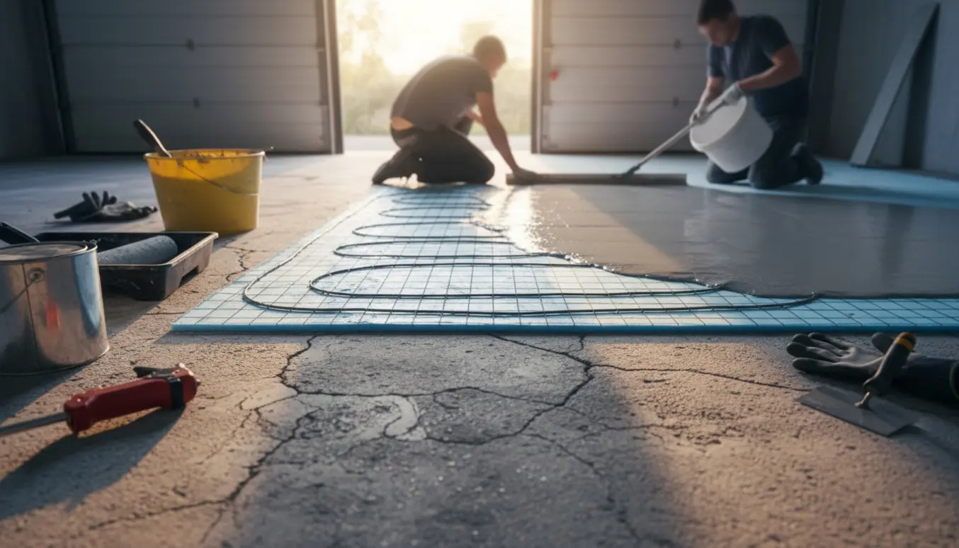 Gulvrenovering i garage med elektrisk gulvvarmekabel lagt ud og flydespartel påført over reparerede betonsprækker.