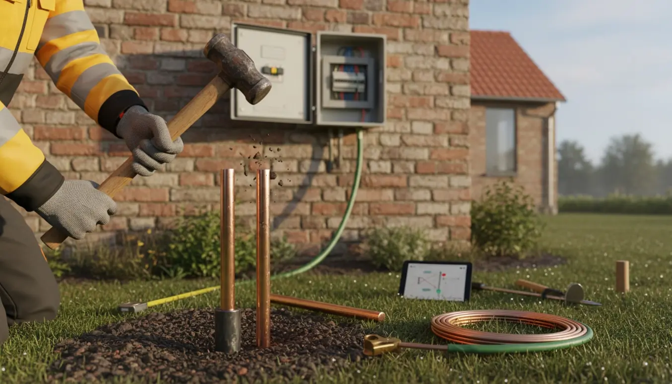 Hænder installerer kobberspjyd ved en gammel murermestervilla med ny tavle i baggrunden.