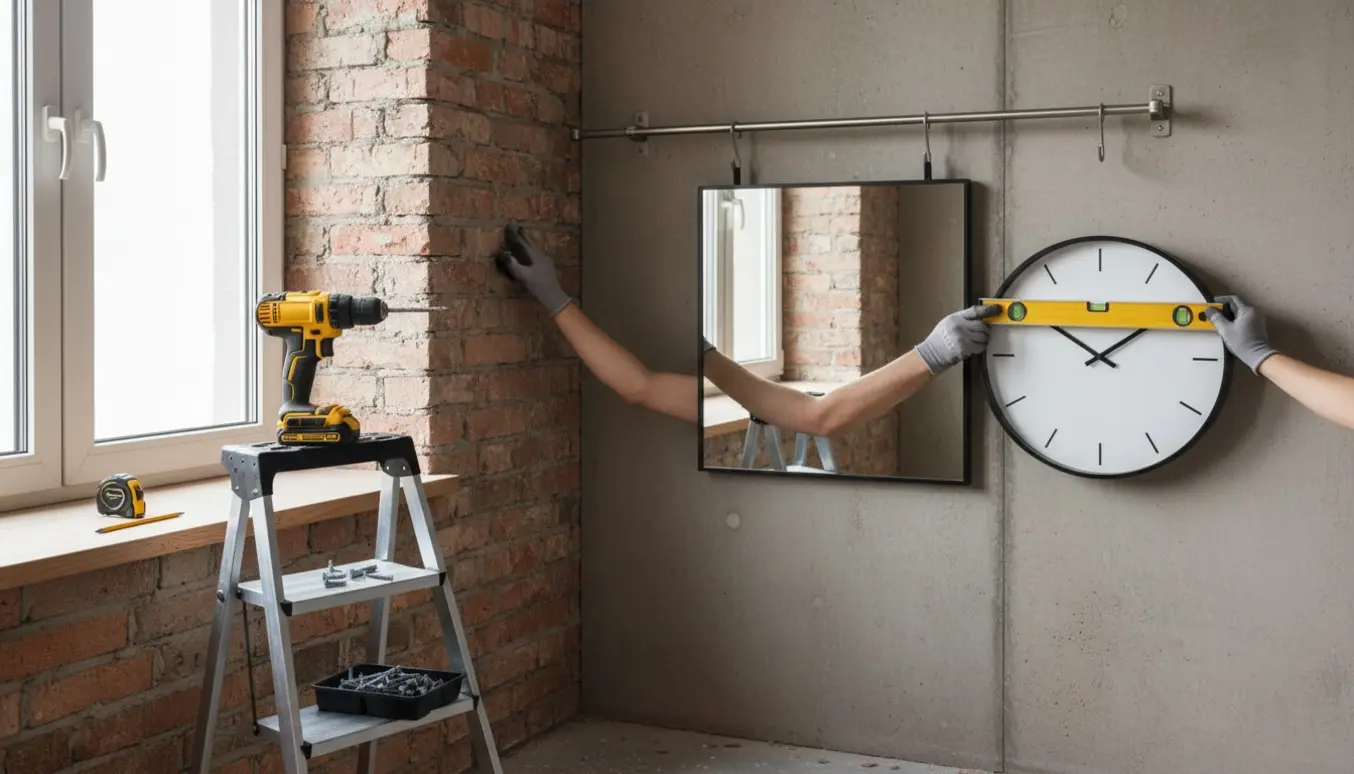 Nærbillede af opsætning af gardinstang, spejl og stort ur på beton- og murstensvæg med værktøj ved siden af.