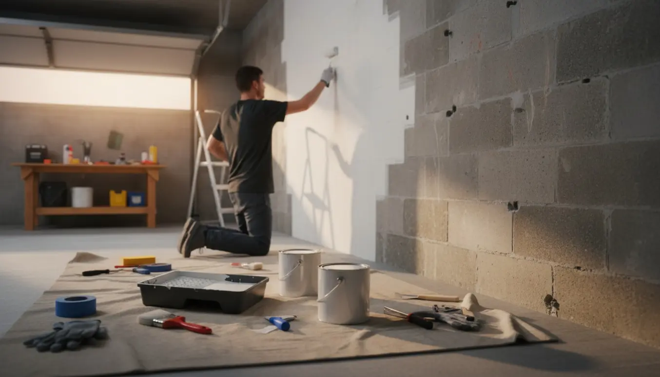 En håndmaler ruller hvid maling på garagevægge og reparerer små huller med spartel, med malerbøtter og værktøj på gulvet.