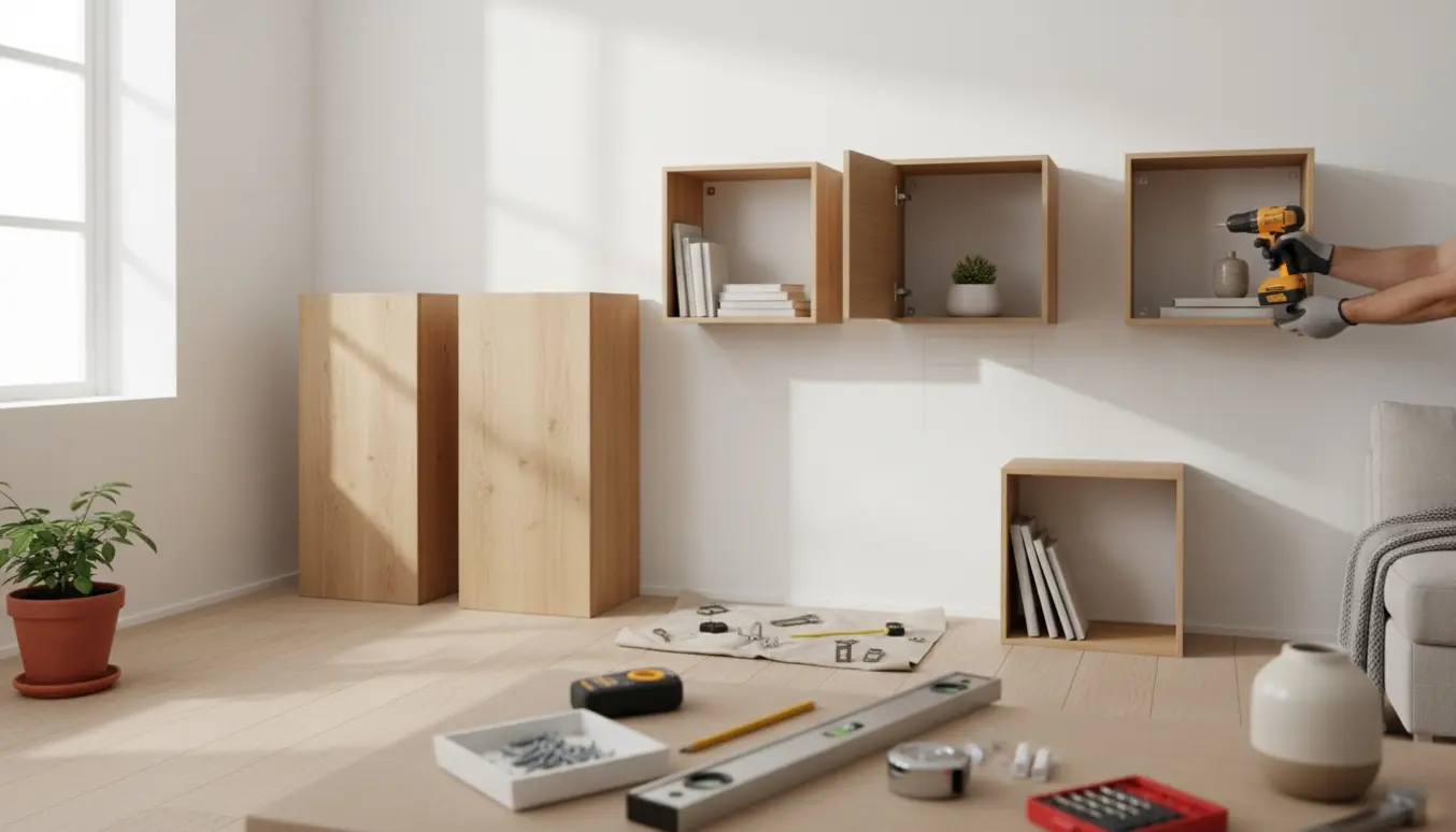 Opsætning af skandinaviske modulreoler på en hvid væg med værktøj og hænder i fokus.