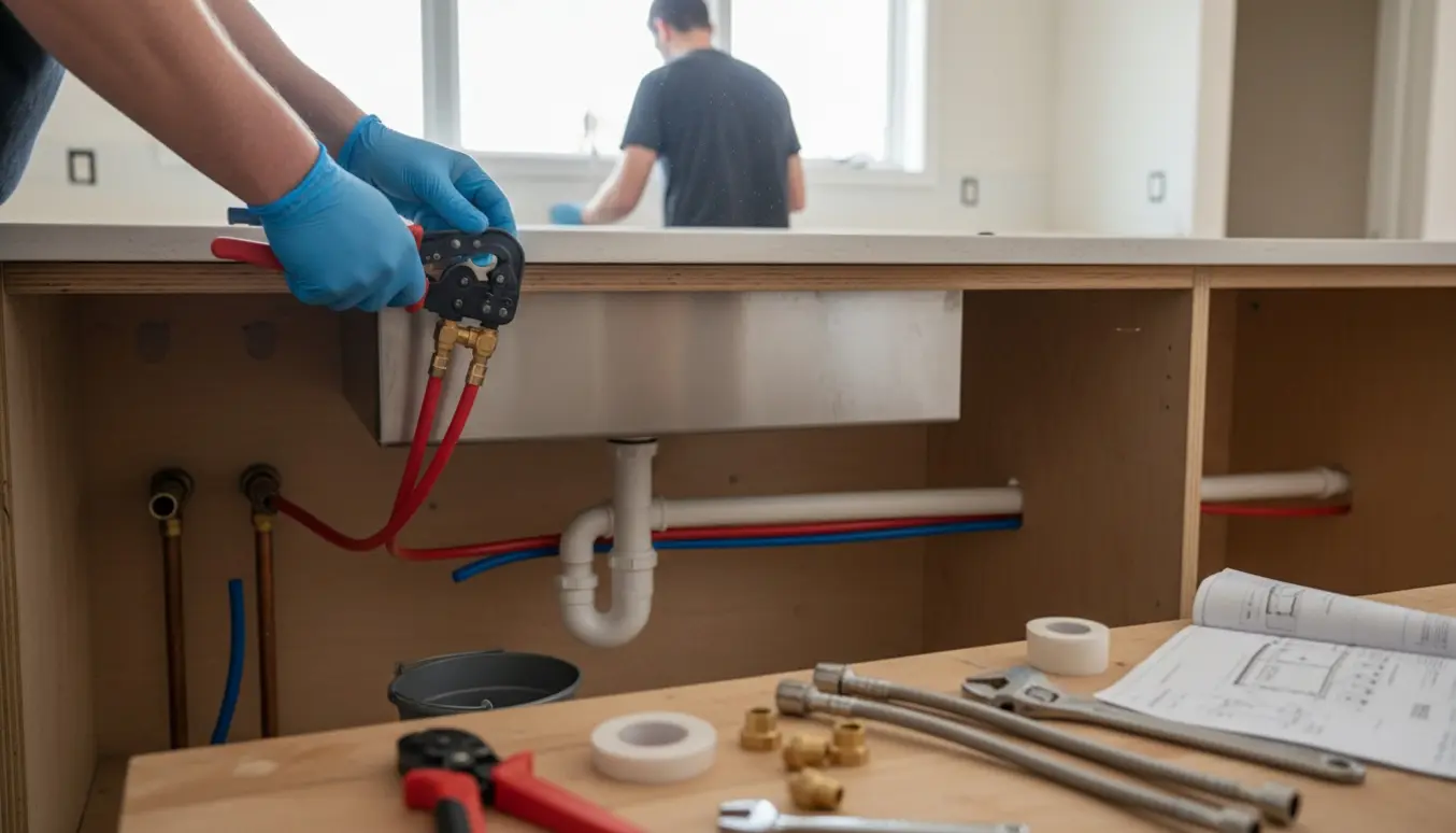 Hænder tilslutter nye vandrør og afløb i et køkken under renovering.