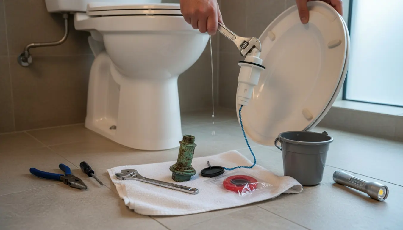 Gulvstående toilet med åben cisterne, hænder arbejder på dele for at reparere langsom genopfyldning og svagt skyl.