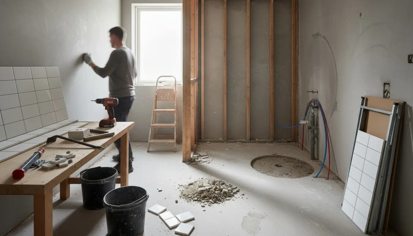 Stueplans badeværelse midt i renovering med åben væg, synligt VVS og nye fliser klar til opsætning.