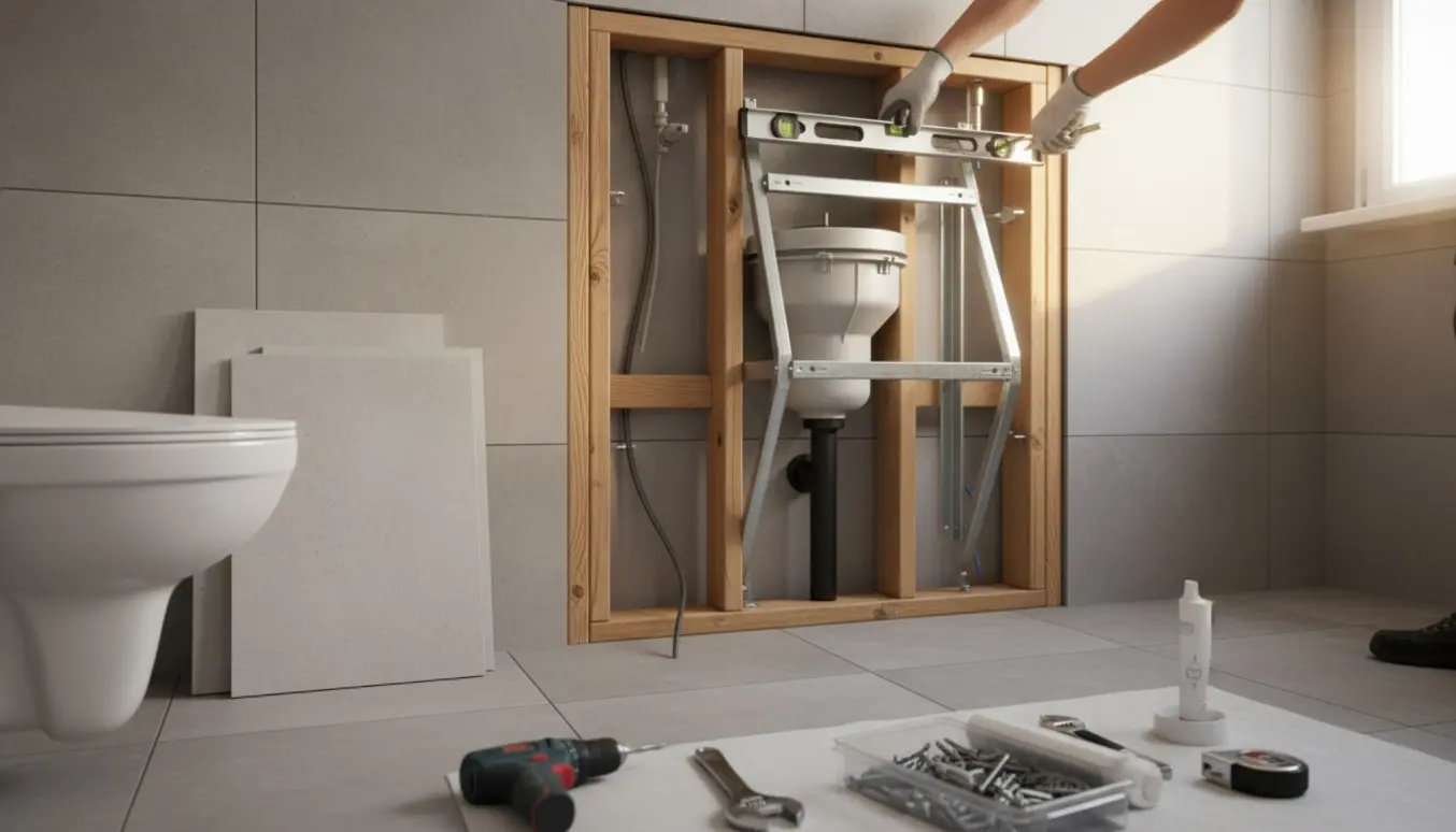 Badeværelse under renovering med fjernet gulvtoilet, lodret afløbsrør og delvist monteret skelet til væghængt toilet.