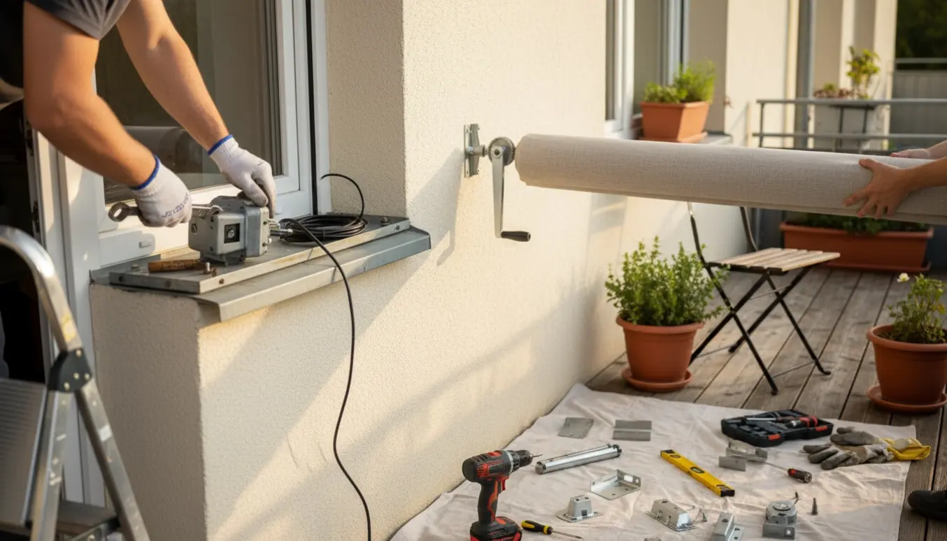 Håndværkere fjerner en gammel elektrisk markise og monterer en ny manuel markise på en 1.-sals altan.