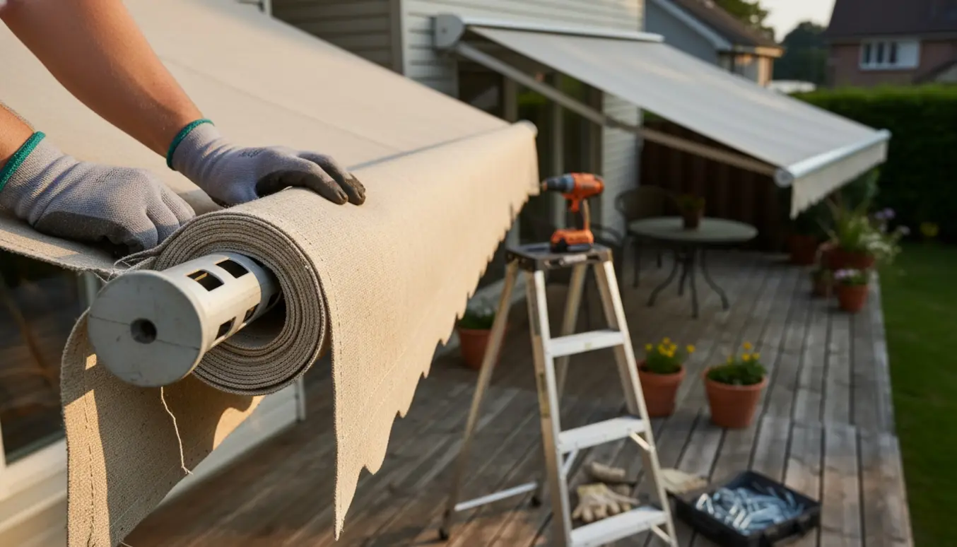 Hænder monterer ny markisedug på gammelt stel ved en terrasse, med en ekstra opsat markise i baggrunden.