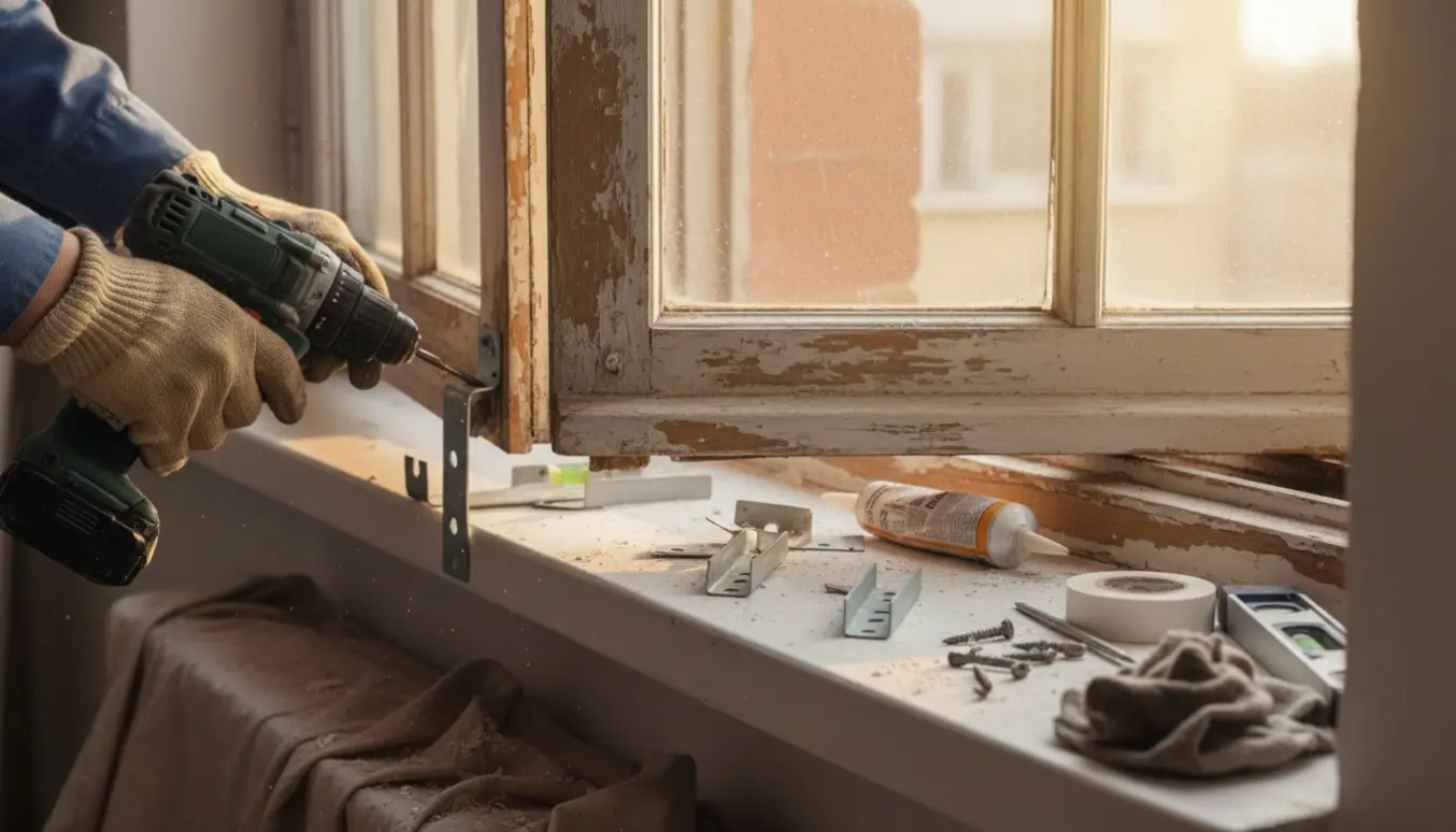 Hænder i handsker genmonterer et løst vindue med beskadigede beslag og værktøj på vindueskarmen.