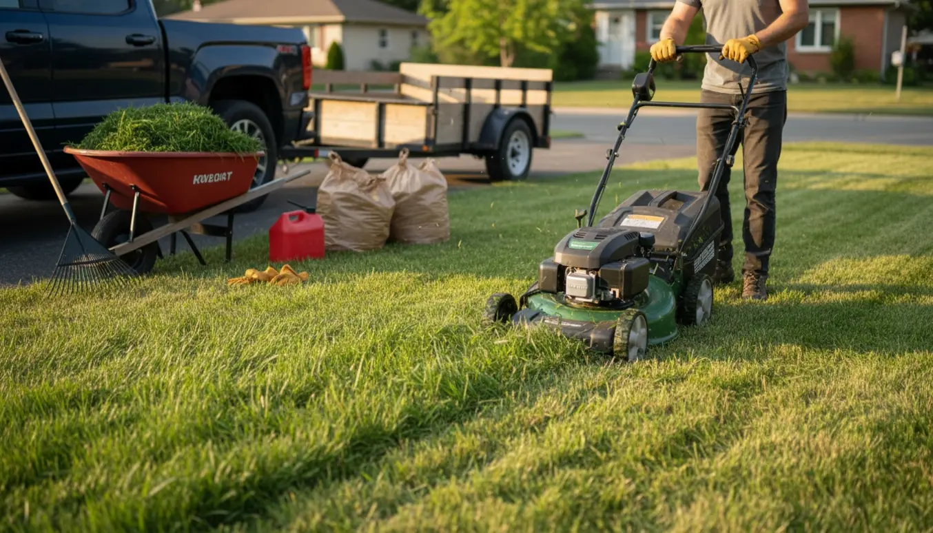 Delvist slået græsplæne med en plæneklipper, trillebør med græssække og trailer klar til bortkørsel.