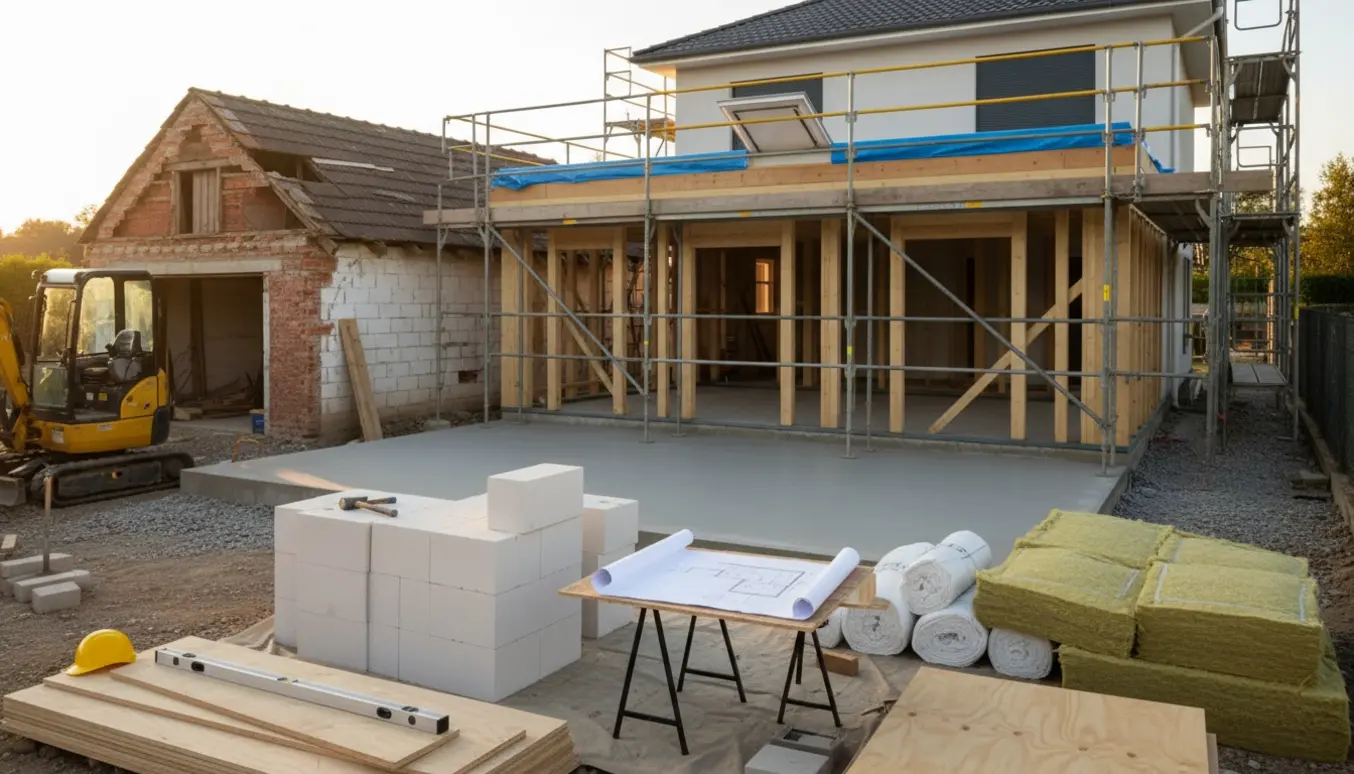 Byggeplads med delvist nedrevet garage og en ny to-etagers tilbygning under opførelse med byggematerialer i forgrunden.