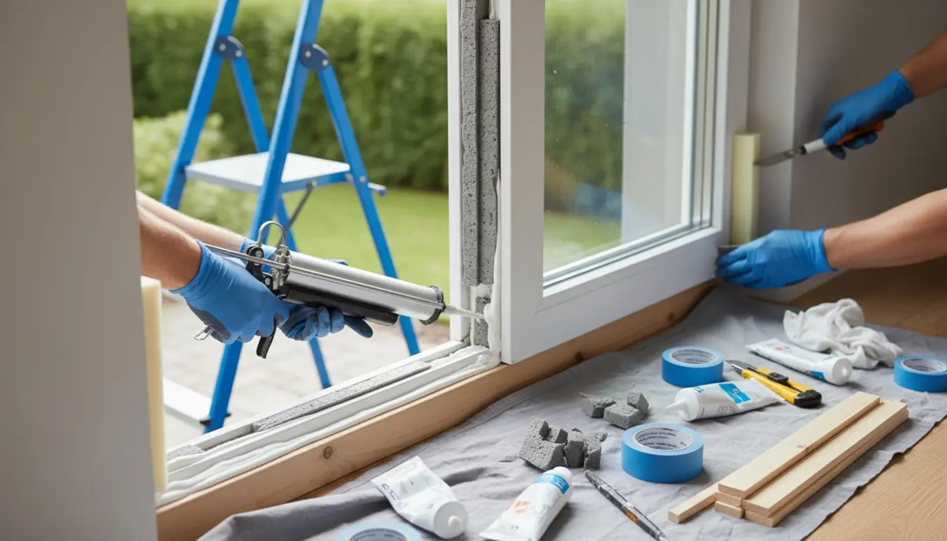 Hænder fuge omkring et vindue med fugepistol, synlig grå tætningsskum og værktøj på afdækket gulv.