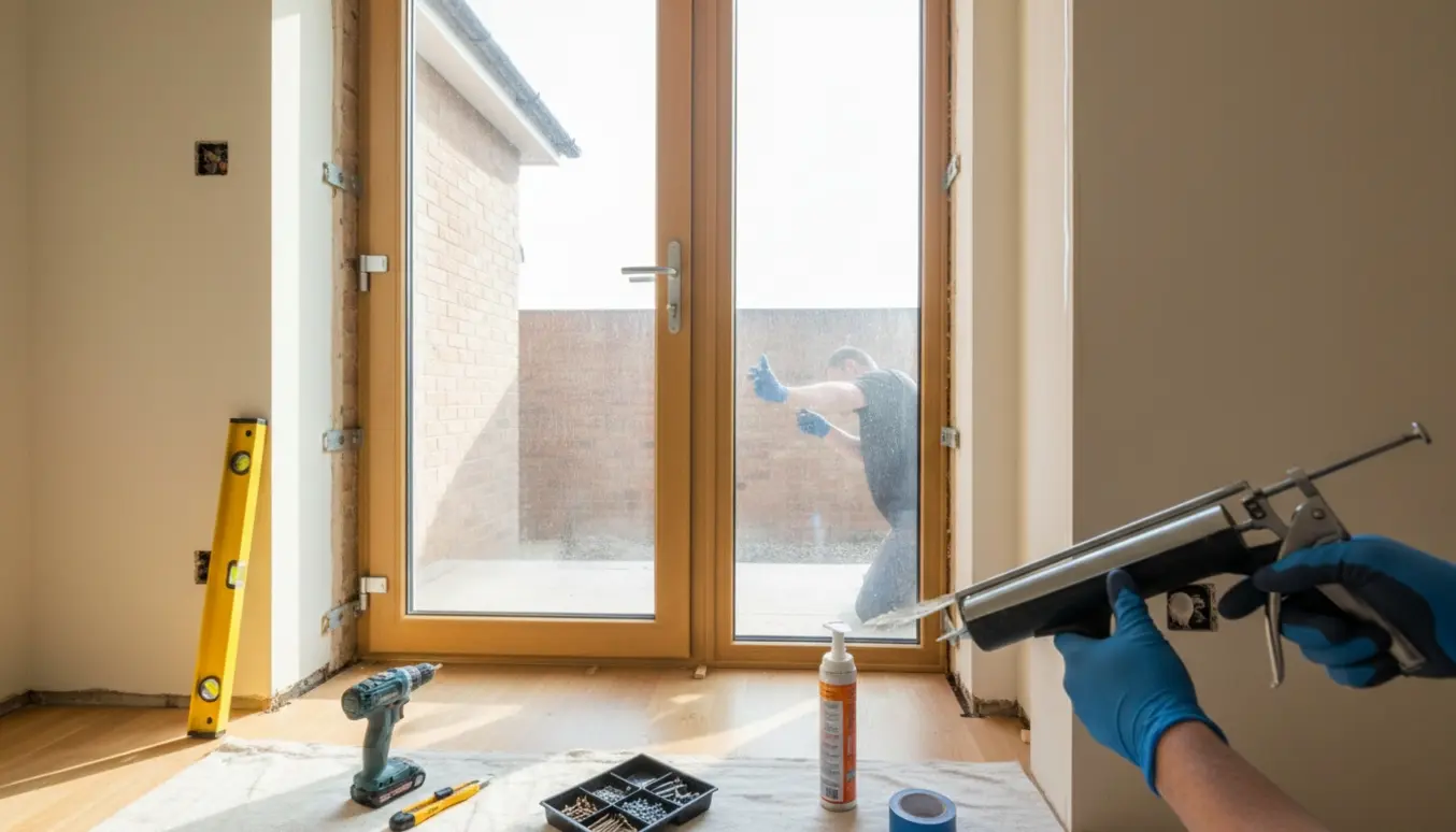 Ny halvanden terrassedør bliver monteret med fugepistol og værktøj, set indefra mod haven.