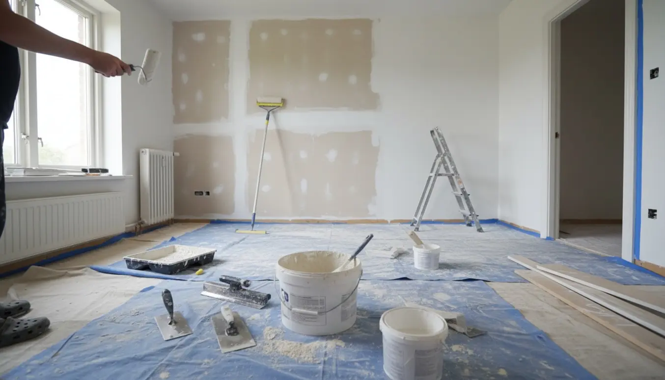 Stue under renovering med nyligspartlede vægge, malerudstyr, fjernet radiator og nymalede hvide trælister.