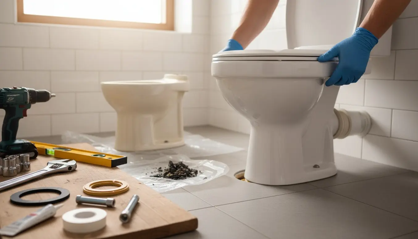 Nyt hvidt toilet monteres i et badeværelse, hænder sænker toilettet på plads med værktøj ved siden af.