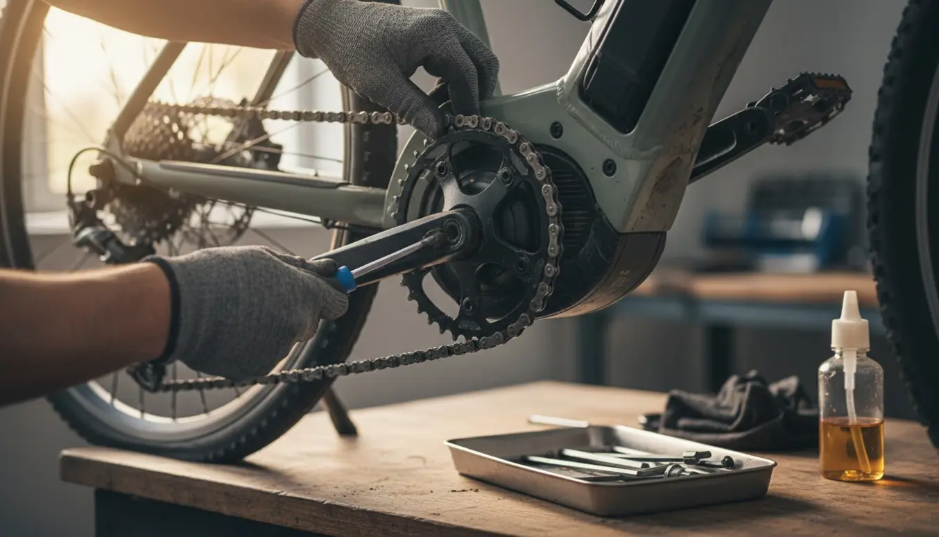 En tekniker justerer kæden og centermotoren på en elcykel, mens kæden glider over tandhjulene.