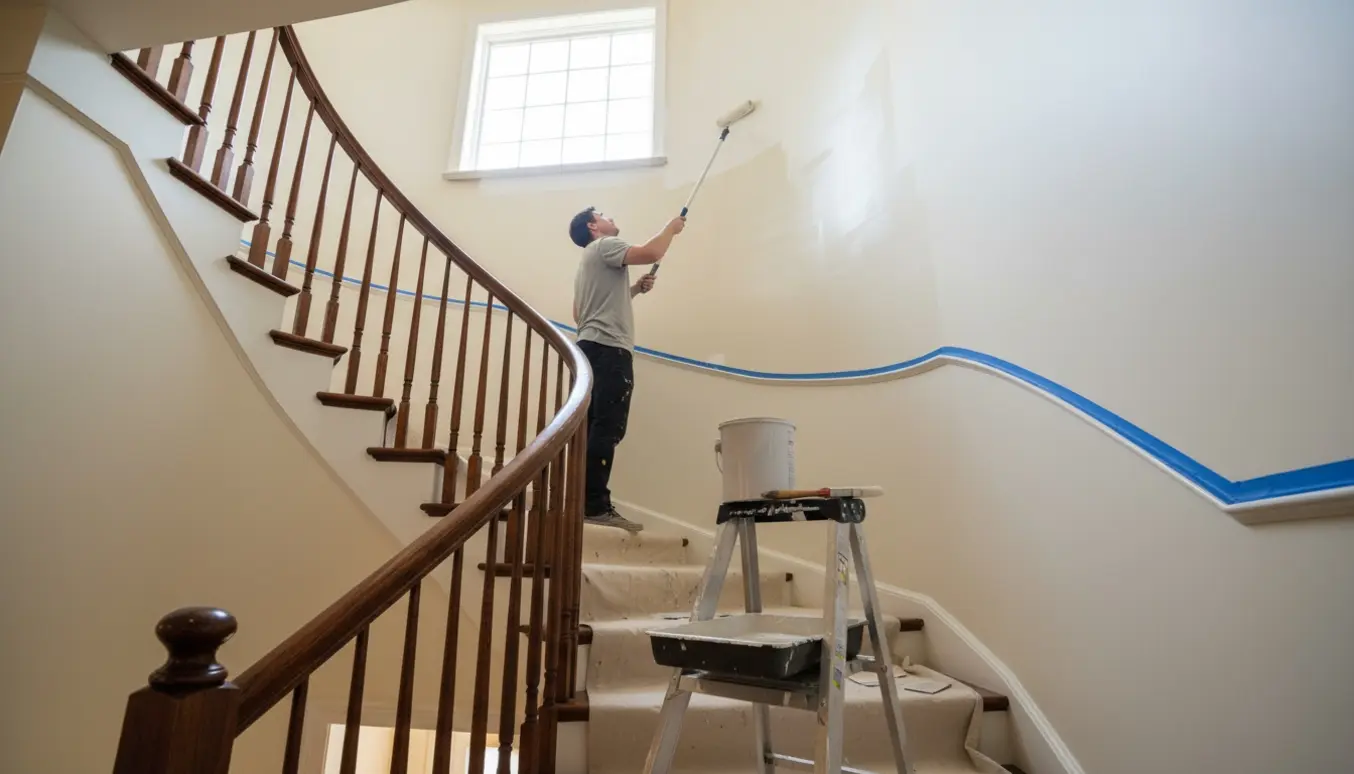 En person maler en høj væg ved en trappe med rulle, maling og afdækningsdug.