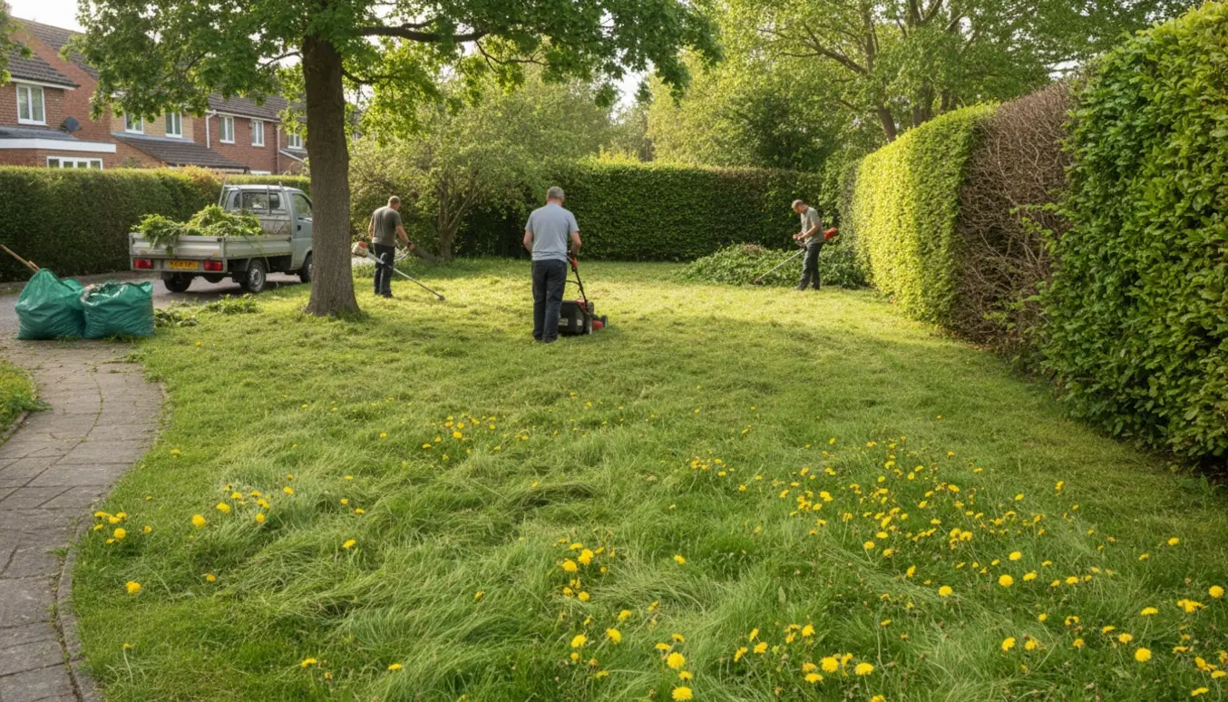 Havearbejder set bagfra slår en meget tilgroet græsplæne og klipper en bøgehæk, mens afklip samles i trailer.