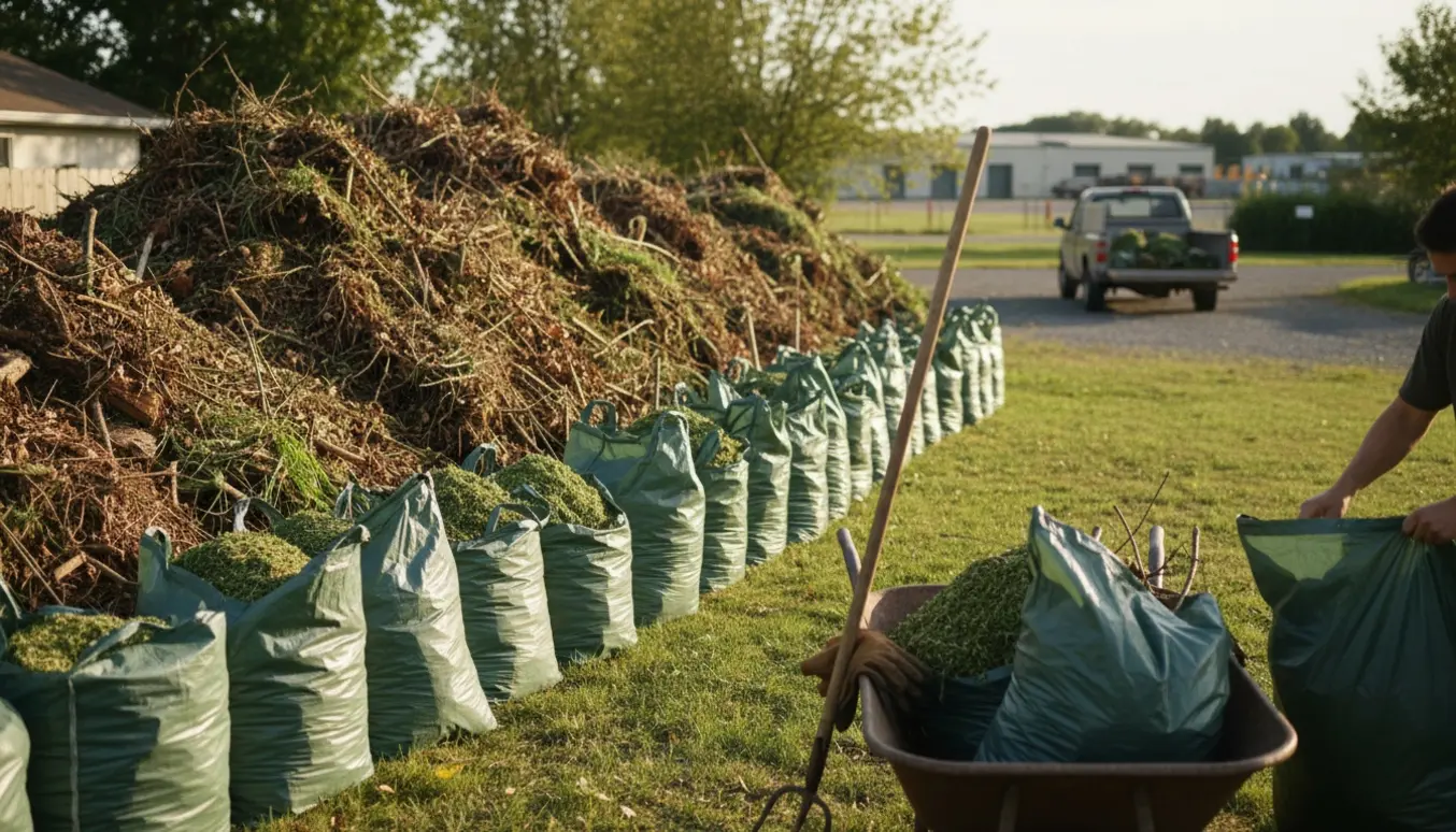 Stor bunke haveaffald og en række fyldte haverposer ved indkørslen klar til afhentning.