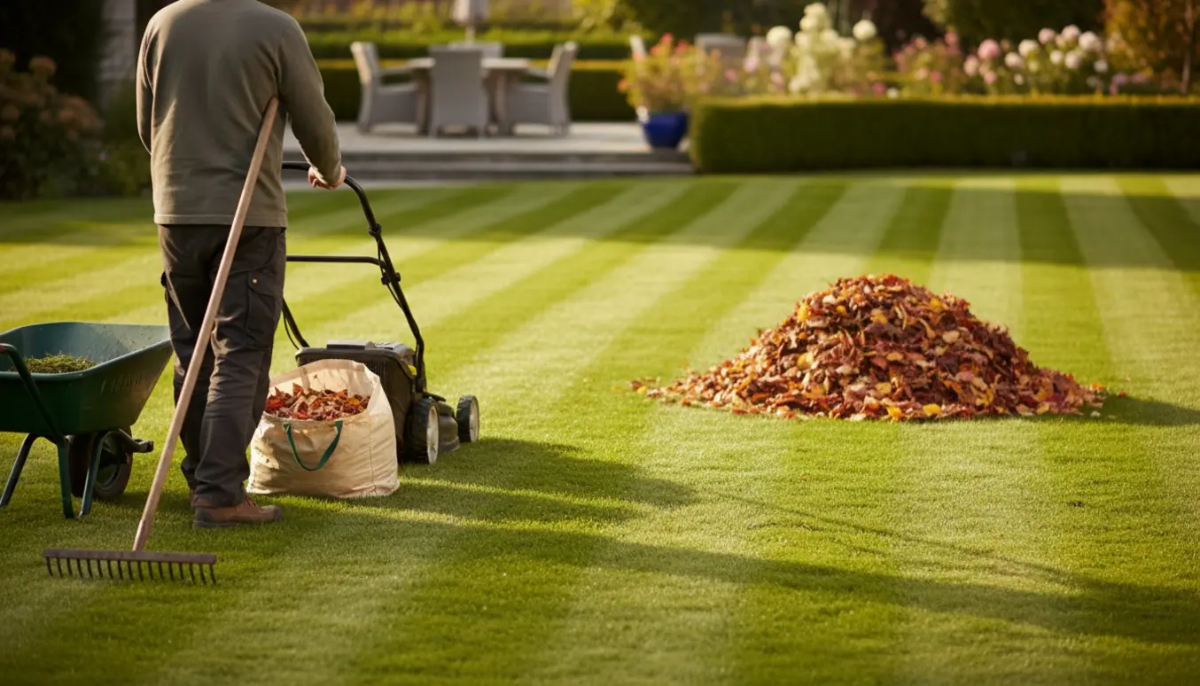 Nyslået græsplæne i en ca. 200 m² baghave med en rive og en bunke blade.