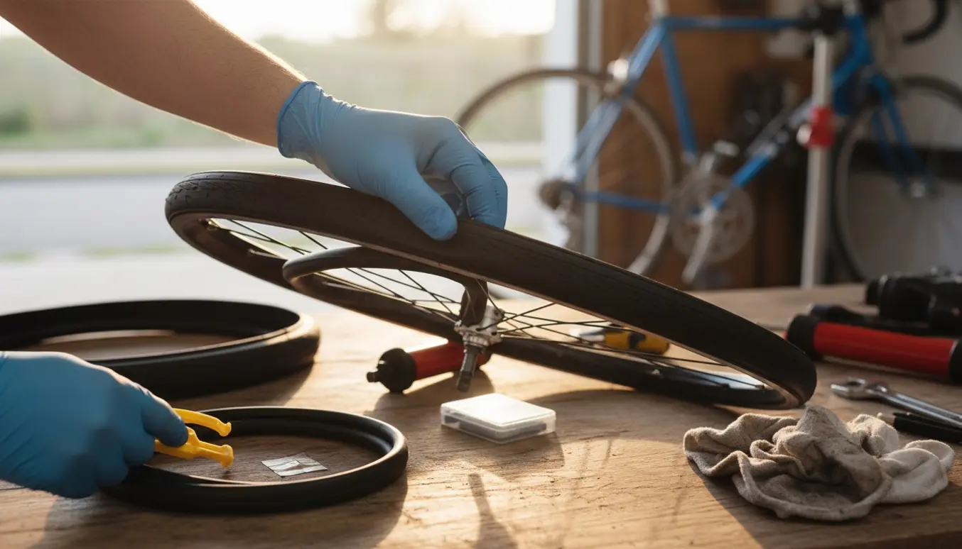 Hænder monterer en ny slange i et cykeldæk på et værkstedsbord i naturligt lys.