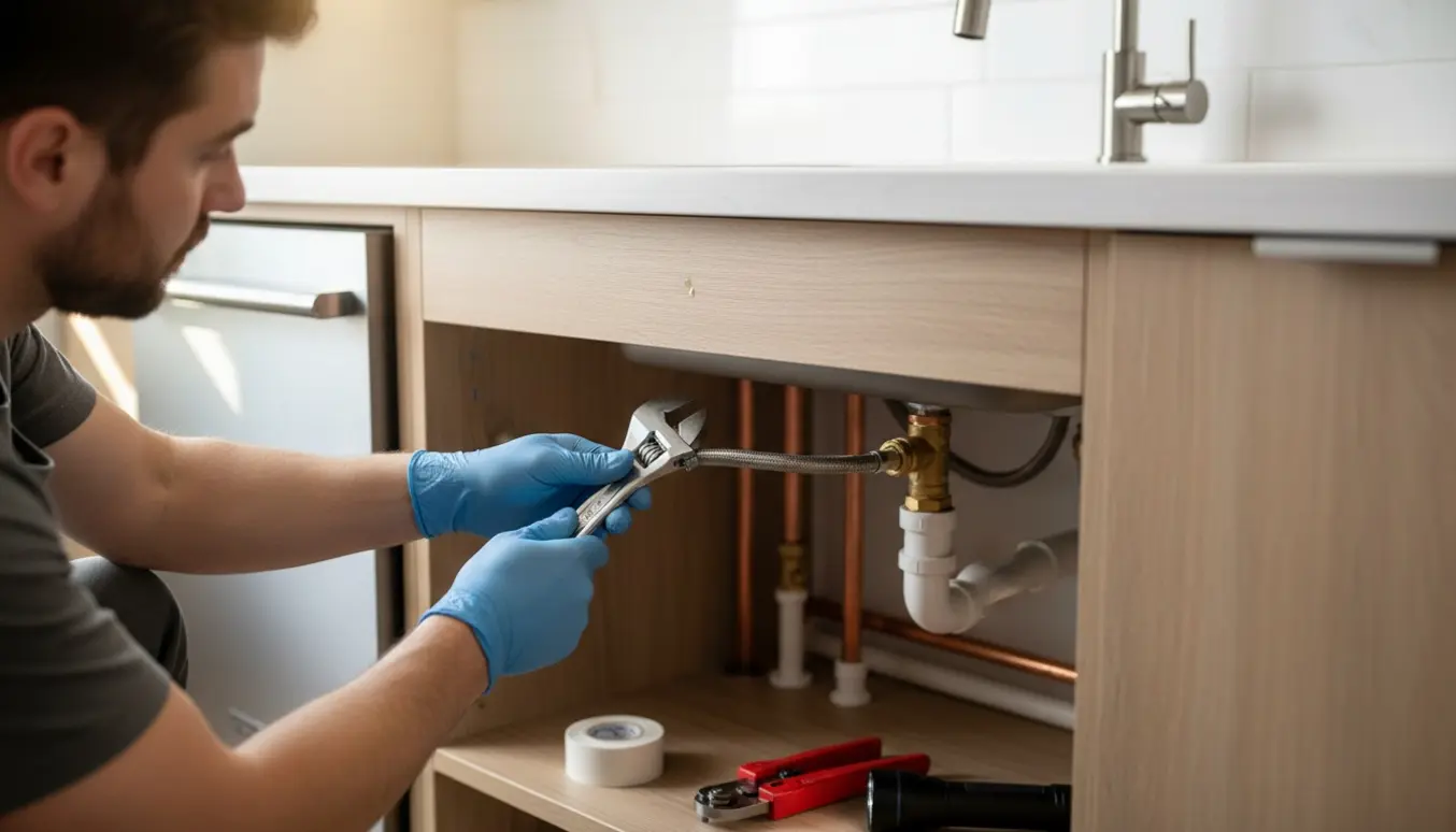 En VVS-montør tilslutter en ekstra vandslange til opvaskemaskinen under et køkkenskab.