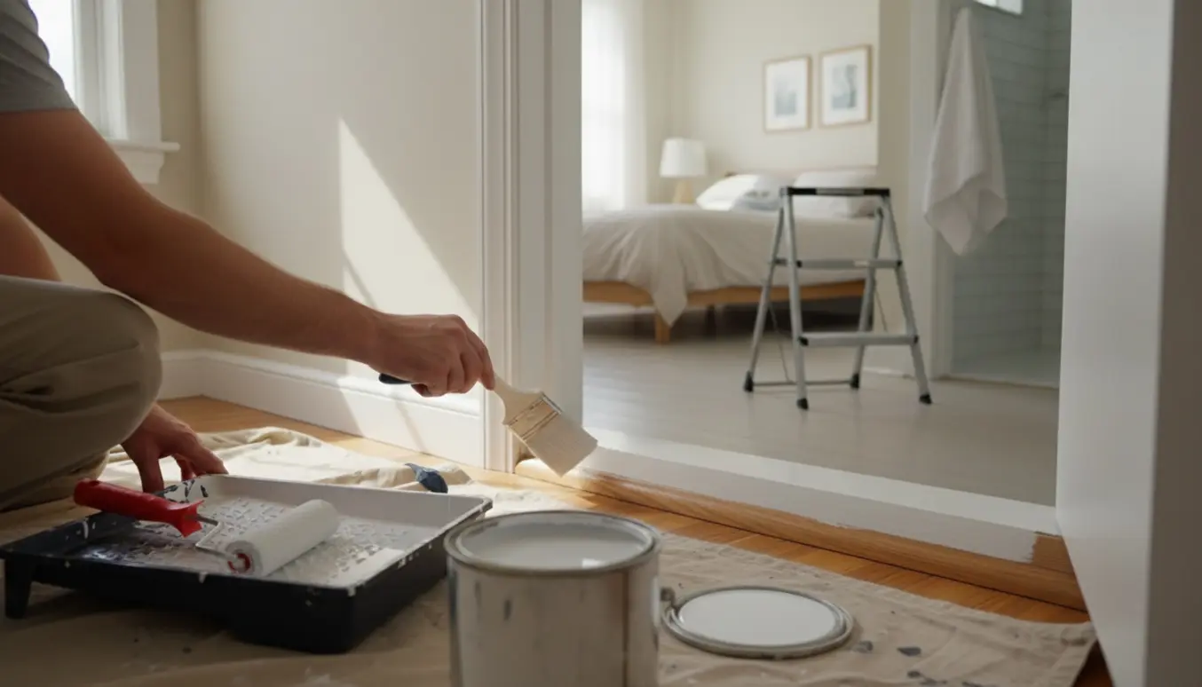 Nærbillede af hænder, der maler fodpanel i et soveværelse med åbent badeværelse i baggrunden.