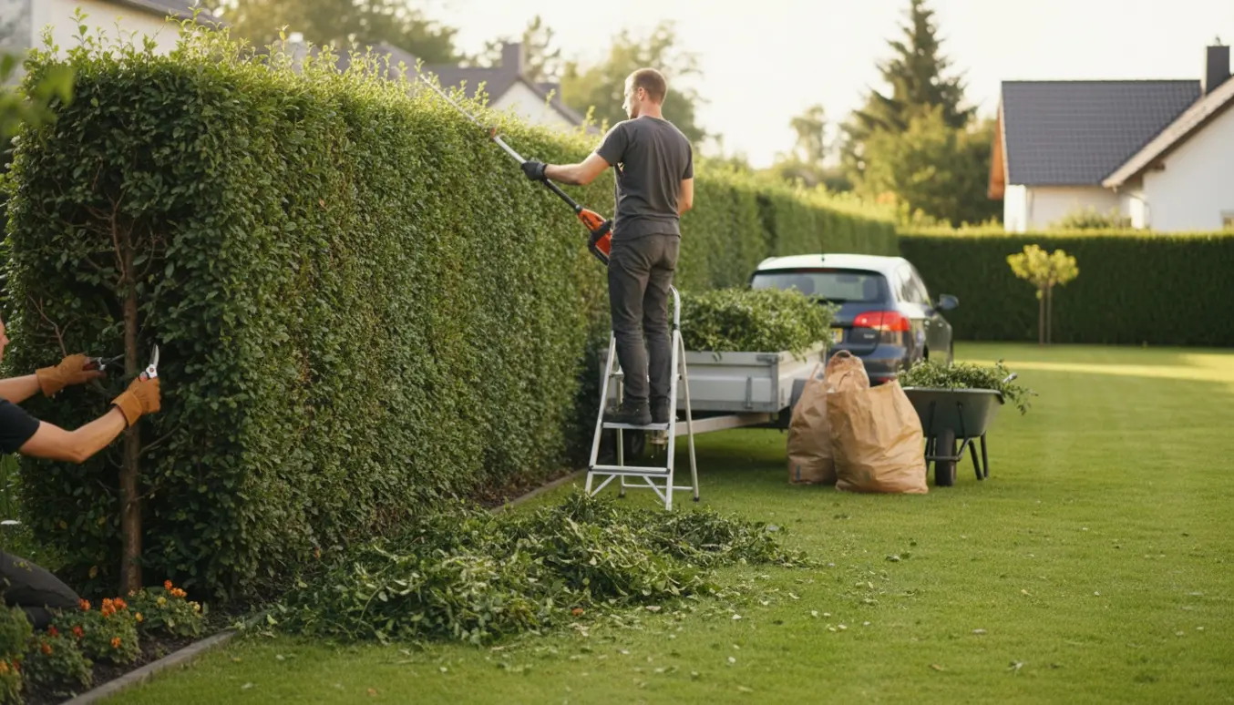 Bagfrafoto af to personer, en med elektrisk hækkeklipper og en med grensaks, nyklippet lang hæk og haveaffald i trailer og trillebør.