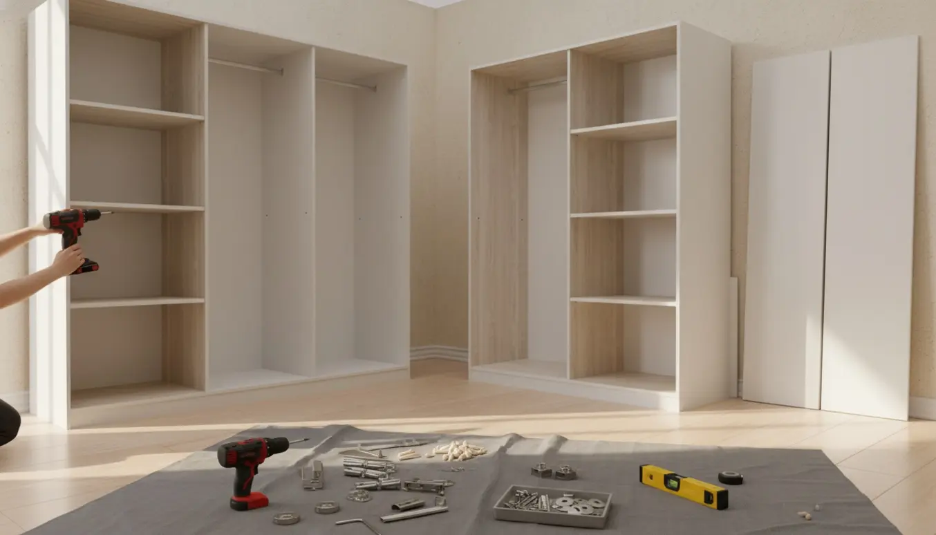 To garderobeskabe (en firefag og en trefag) samles i et lyst værelse med værktøj spredt omkring.