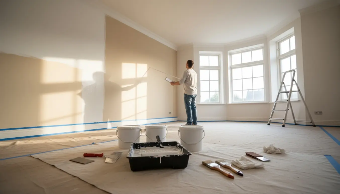 En maler inspicerer en stue på ca. 30 kvm med malergrej, afdækkede møbler og en delvist nymalet væg.