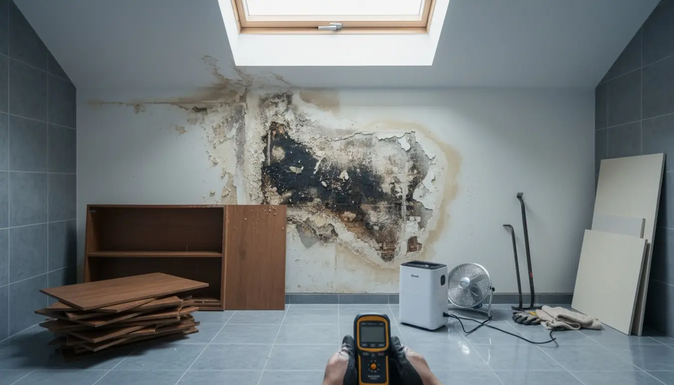 Badeværelse med vandskadet væg efter ovenlysvindue, synlig mug og fjernet bagvæg på indbygget skab med tørre- og reparationsudstyr.