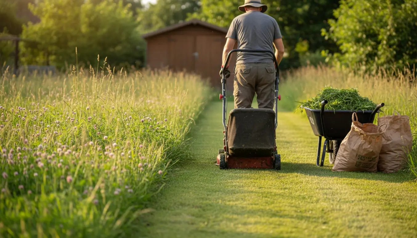 En plæneklipper fjerner langt sommergræs og efterlader en pæn, nyklippet stribe.