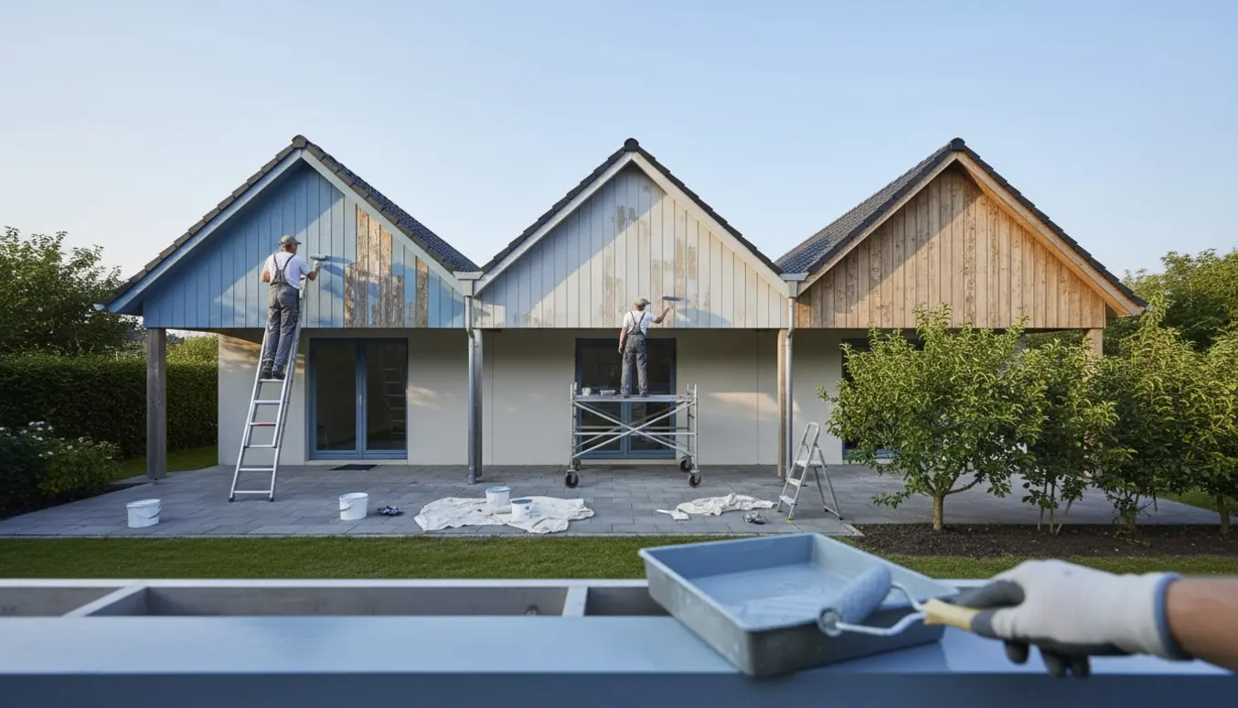 Maler på stige og stillads maler tre gavle og udhæng, to gavle over fliser og en over et bed med frugtbuske.