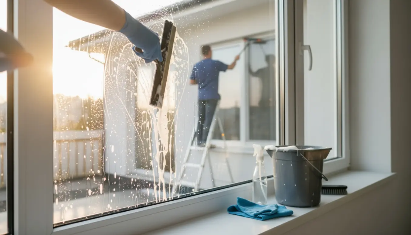 Nærbillede af hænder, der pudser en glasdør med skureskum og en vinduesskraber, med en rengøringsperson på en stige udenfor i baggrunden.