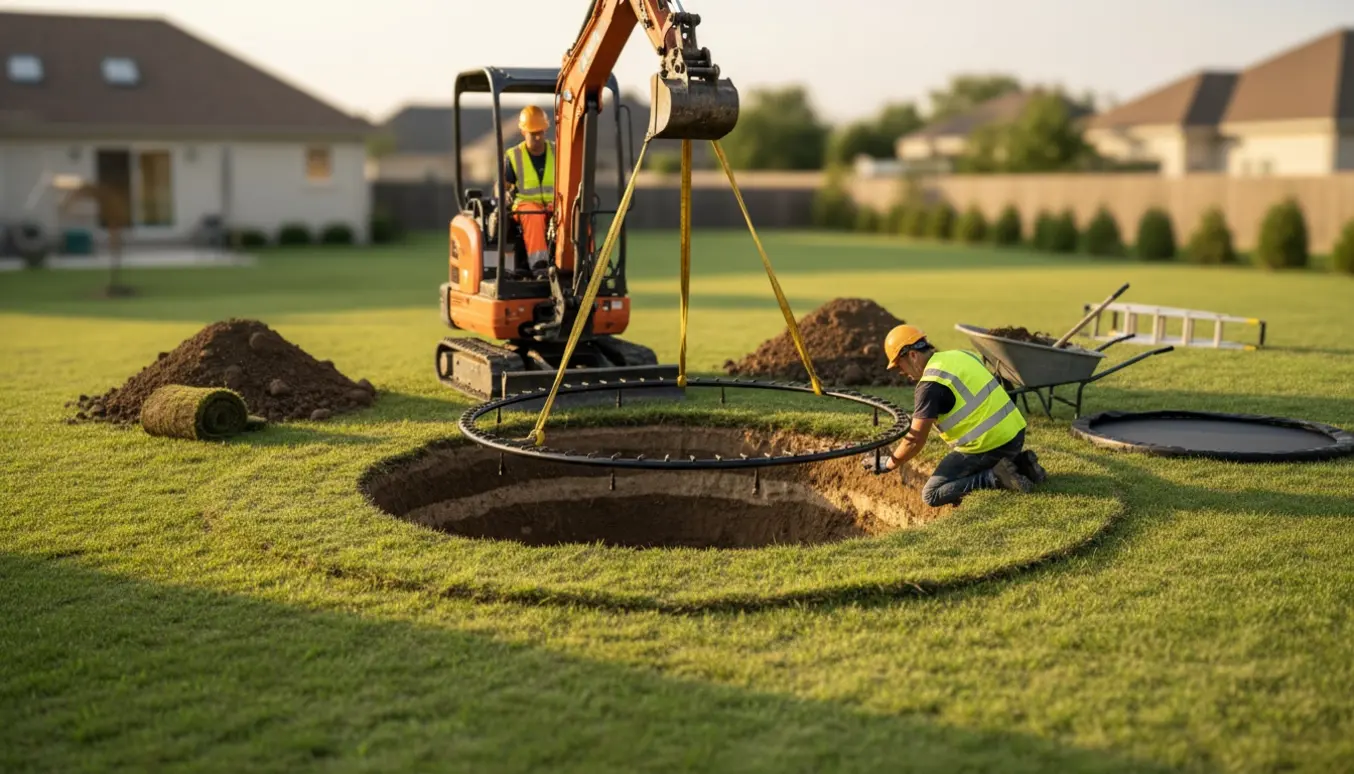Gravemaskine graver et rundt hul i en baghave til en nedgravet trampolin, med jordbunker og værktøj ved siden af.