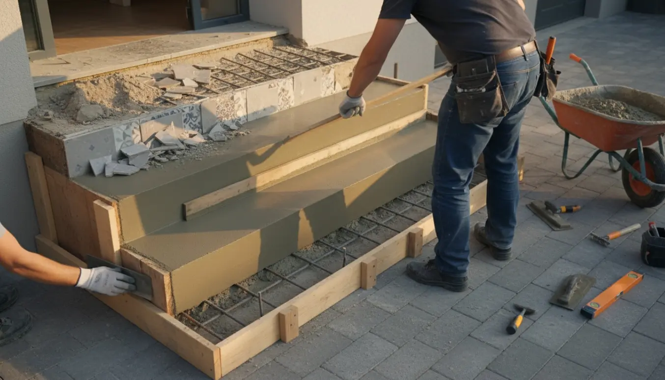 Udendørs trappe under renovering med fjernede fliser og nys støbt beton.